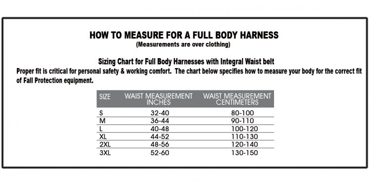 Fall Protection Harness Size Chart