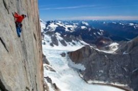 David Lama climbing the headwall of Cerro Torre during the first free ascent of Cerro Torre's Southeast ridge during the third expedition in Patagonia, Argentina on January 21st 2012