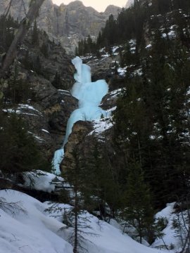 Scene of the accident: Professor Falls (WI 4) on Mount Rundle in Banff National Park, above the towns of Canmore and Banff, Alberta, Canada (entire route not in photo). Photo courtesy of Nick Yardley.